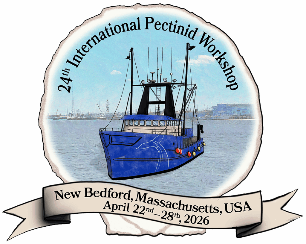 IPW2026-Logo3-r6-1080x860-compr 24th IPW Logo: Image of blue hulled scallop fishing vessel leaving New Bedford Harbor done in a watercolor style on inside of Atlantic Sea Scallop shell. Also on shell in arc above painting is test: 24th International Pectinid Workshop. Below painting lettered on pale scroll is the test: New Bedfor, Massachusetts, USA , April 22nd-28th, 2026
