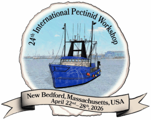24th IPW Logo: Image of blue hulled scallop fishing vessel leaving New Bedford Harbor done in a watercolor style on inside of Atlantic Sea Scallop shell. Also on shell in arc above painting is test: 24th International Pectinid Workshop. Below painting lettered on pale scroll is the test: New Bedfor, Massachusetts, USA , April 22nd-28th, 2026